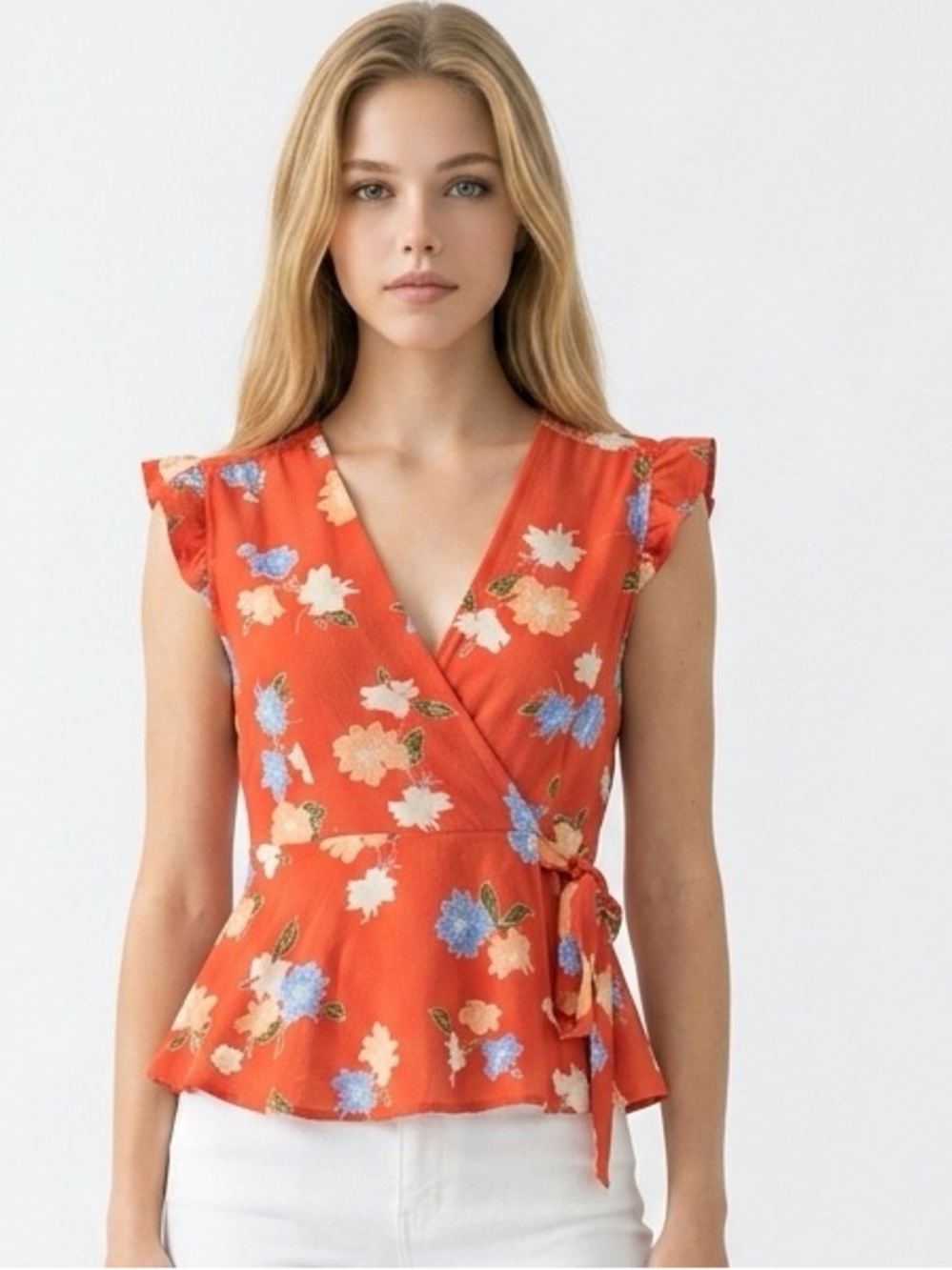New monteau blouse sleeveless faux wrap orange floral side tie top shirt size‎ M